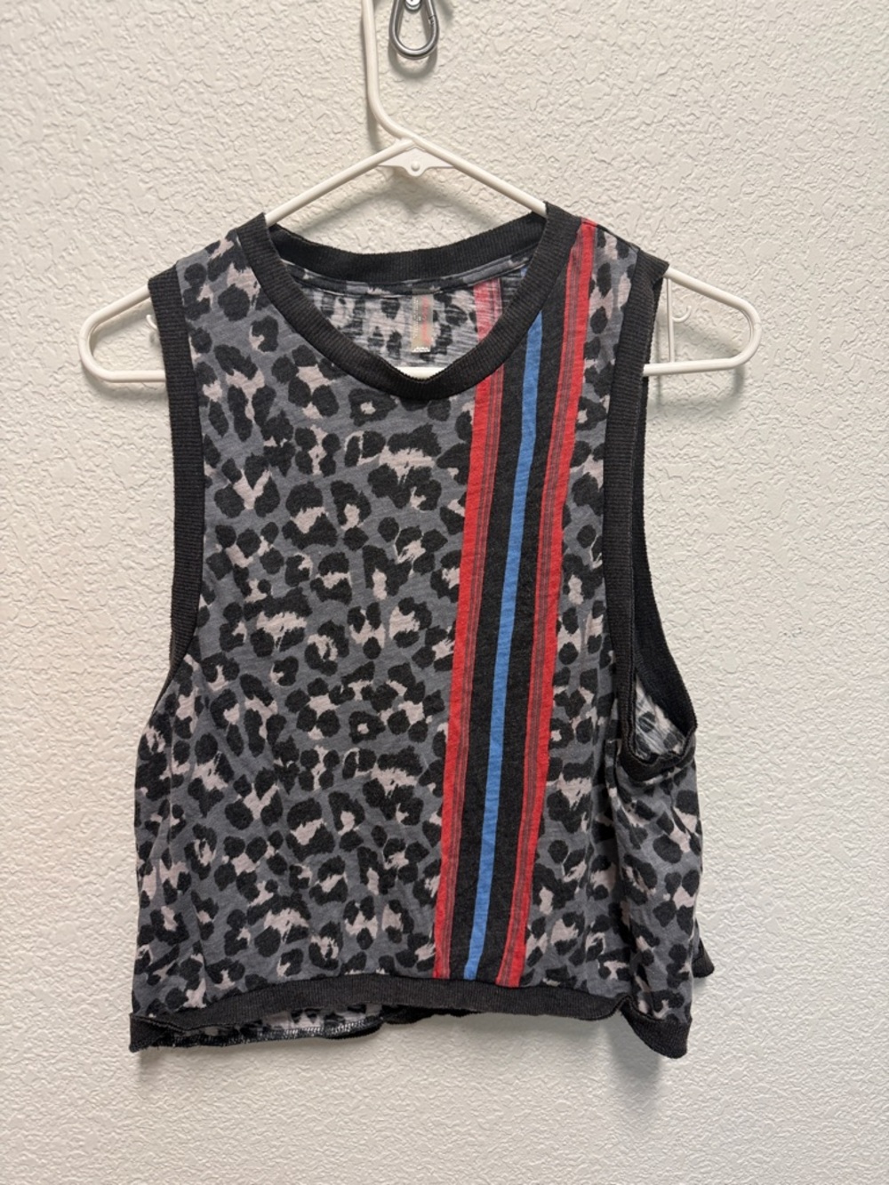 Fp movement LOVE tank Leopard Print Crop with Red & Blue Racing Stripes Xs